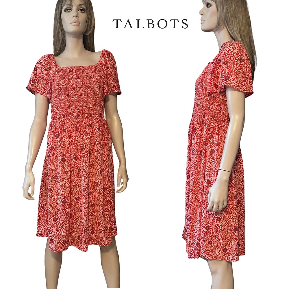 Talbots Shirred Smocked Bodice Dress Flounce Sleeve on or off shoulder